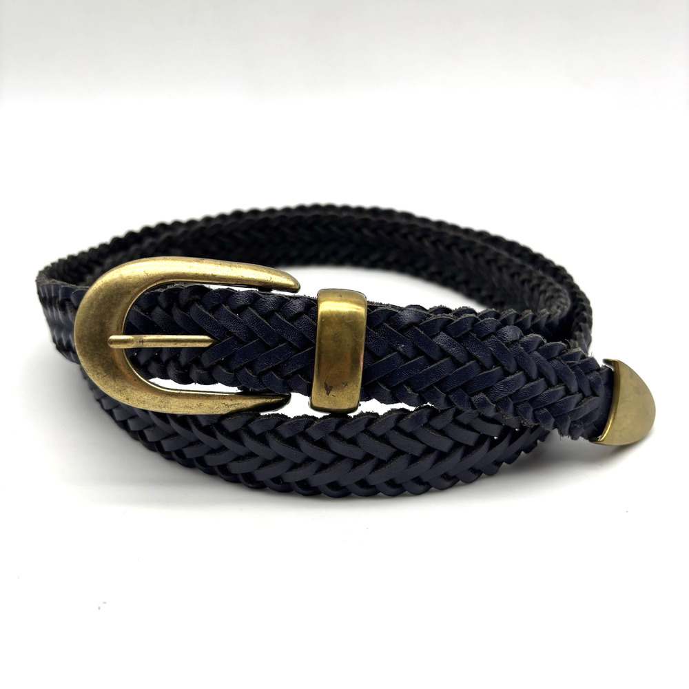 Vintage 80s Navy Braided Leather Brass Buckle Belt Size 18/20 36-38" Argentina